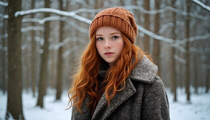 Wall Mural - Young red-haired beautiful girl in winter fashion clothes in brown tones, looking at the camera