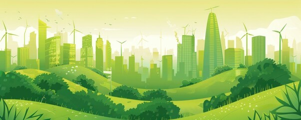 Wall Mural - A green cityscape with windmills and buildings. The city is surrounded by trees and plants, giving it a peaceful and natural feel. The windmills are a symbol of renewable energy and sustainability