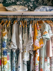 Wall Mural - Various fashionable womens summer dresses and shirts displayed on hangers in a creative clothing showroom concept. Generative AI