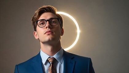 Wall Mural - Arrogant beautiful young man in a fashion suit and in glasses looking up at camera and a halo above his head. 