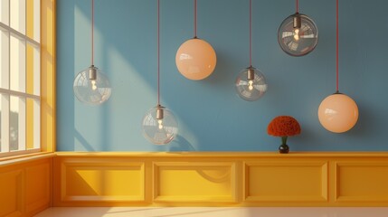 Poster - A room with a blue wall and some hanging lights, AI