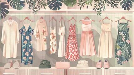 Wall Mural - A collection of dresses and shirts on hangers in a womens closet, showcasing a variety of summer designs. Generative AI