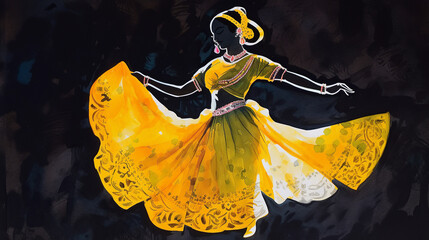 A traditional Indian dancer is dancing in the dark, the silhouette illuminated by yellow light. In front there are some lights and lasers, casting intricate shadows, traditional attire with flowing fa