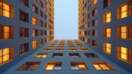 Wall Mural - A view of a tall building with windows and lights, AI