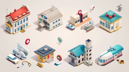 Isometric buildings for game design or app interface
