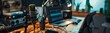 © sungedi - Home studio podcast interior. Microphone, laptop and on air lamp on the table, close-up