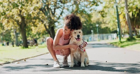 Wall Mural - Outdoor, fitness and woman with dog, hug and sunshine with wellness, animal and nature with workout. Person, girl and runner with pet, summer and embrace with training, bonding together and happiness