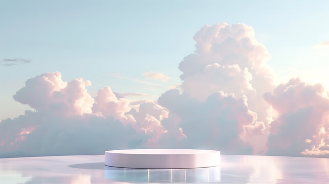 Dreamy product display podium with clouds and crystal floor