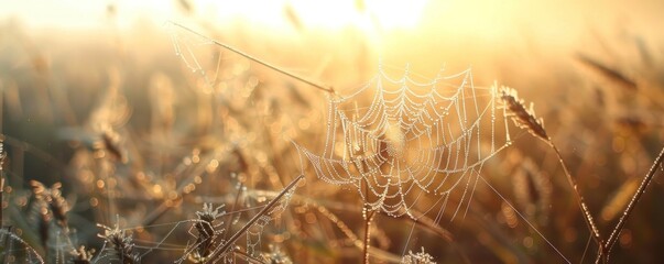 A spider web is seen in a field of flowers. The web is very large and is spread across the entire field. Concept of stillness and tranquility