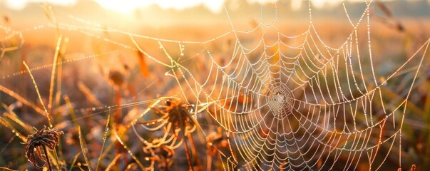 A spider web is seen in a field of flowers. The web is very large and is spread across the entire field. Concept of stillness and tranquility