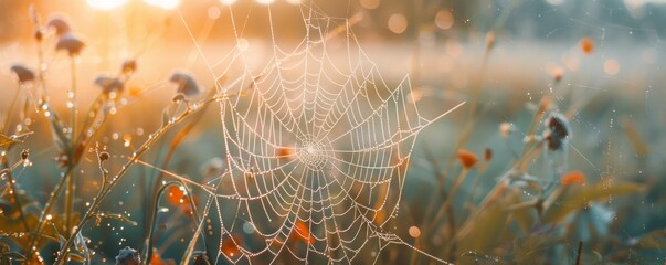 A spider web is seen in a field of flowers. The web is very large and is spread across the entire field. Concept of stillness and tranquility