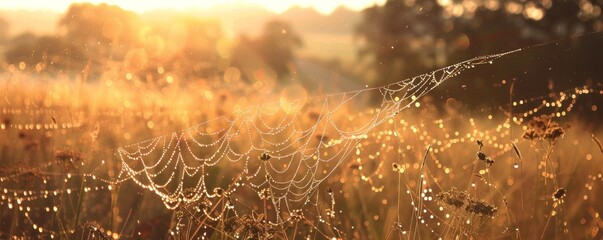A spider web is seen in a field of flowers. The web is very large and is spread across the entire field. Concept of stillness and tranquility