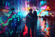 © agnes - Couple walking in neon-lit street with digital financial graphs
