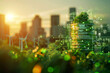 © Siwatcha Studio - Sustainable city with green technology visuals, wind turbines, and futuristic buildings at sunset.