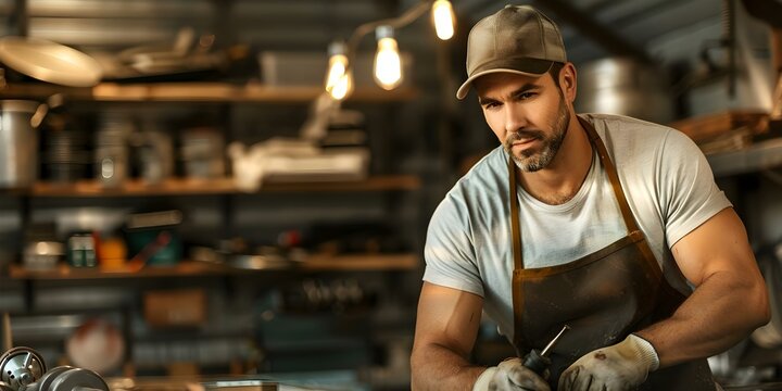 A man in an apron and hat is working in a garage. Concept DIY Projects, Workshop Setup, Apron and Tools, Home Improvement, Automotive Maintenance