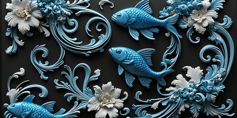 wallpaper representing a pattern of blue fish, on a black background with loops and soft curves in relief.