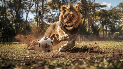 Action photograph of lion playing soccer Animals. Sports