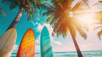 Sticker - Surfboards beside coconut trees at summer beach with sun light and blue sky background