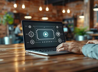 Wall Mural - Man's hands typing on a laptop with a blank screen, in an office background, with blurred people in the background, in the style of a mockup style