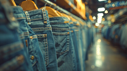 fashion banner featuring wide-leg jeans, showcasing trendy denim pants for stylish outfits, on display in a store