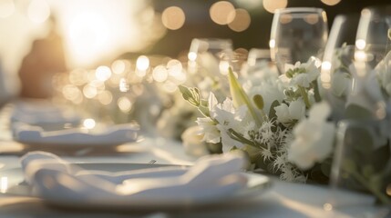 Beautiful outdoor table setting with white flowers for a dinner, wedding reception or other festive event.