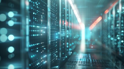 Abstract futuristic server room with digital graph of data and information flow, closeup.