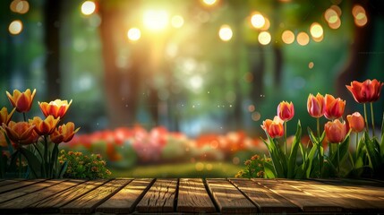 Wall Mural - Beautiful spring flowers on a wooden table Vibrant colors of the flowers contrast against the green backdrop of the garden Perfect spot for a fresh and natural aesthetic