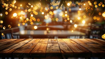 Wall Mural - Empty wooden table top with lights bokeh on blur restaurant background.