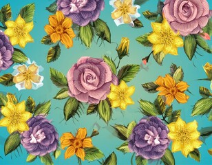 Colorful Spring Background with Multicolored Flowers. Floral Wallpaper with Purple and Pink Roses.