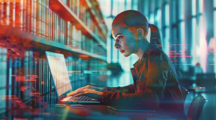 Young woman working on a laptop in a library