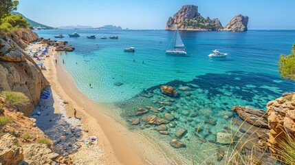 Wall Mural - Ibiza's world-famous nightlife, beautiful beaches, and vibrant cultural scene make it a top vacation spot.