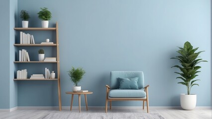 Wall Mural - Empty wall mock up with chair, shelf with books and plant in vase in Frost Blue living room interior