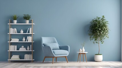 Wall Mural - Empty wall mock up with chair, shelf with books and plant in vase in Frost Blue living room interior