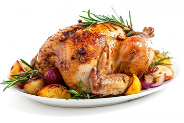 Whole fresh roasted chicken isolated on a white background