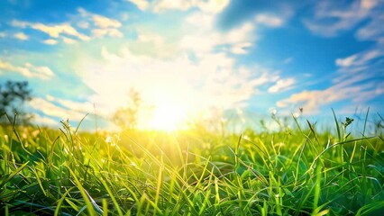 Wall Mural - Sunrise on dewy meadow with vibrant green grass