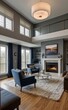 © Rezhwan - Modern professional photograph of a navy blue and silver luxury living room interior with floor-to-ceiling windows and a cozy fireplace