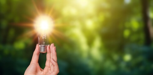 Wall Mural - hand holding bright light bulb at nature