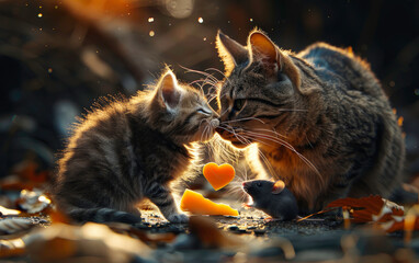 a cat gives a mouse a heart made of cheese, CANON EF 70-300 mm, hyperrealism, high detail, realistic, light