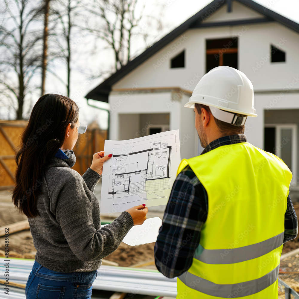 Back view from behind professional architect, engineer or builder in ...