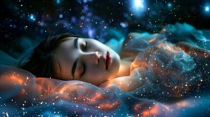 attractive charming young woman laying down sleeping dreaming of the galaxy space and universe