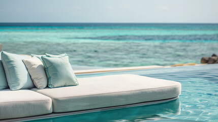Wall Mural - Lounge chair with cushions by the infinity pool with ocean views