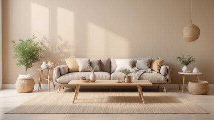 Wall Mural - living room with stylish sofa, pillows, coffee table, on Light Fawn wall background