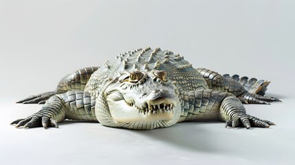 Close up of large crocodile that lay down on floor and look up isolated on clean png background, reptile animal concept