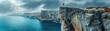 © NeeArtwork - Rock climbers tackling sheer cliff faces above the ocean, side view, showcasing extreme sports, technology tone, vivid
