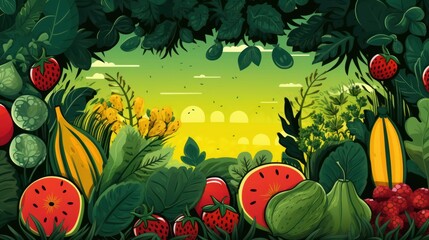Wall Mural - illustration of summer fruits and vegetables background