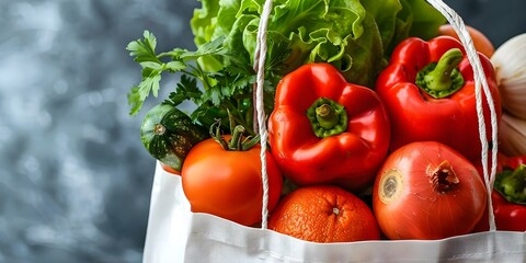 Wall Mural - Colorful Picture of Fresh Vegetables in White Shopping Bag on Kitchen Table. Concept Food Photography, Kitchen Scene, Healthy Eating, Fresh Produce, Shopping Accessories