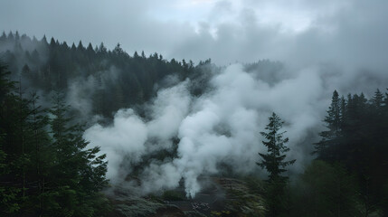 Wall Mural - A forest with smoke rising from a volcano in the background