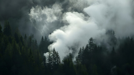 Wall Mural - A forest with smoke rising from a volcano in the background
