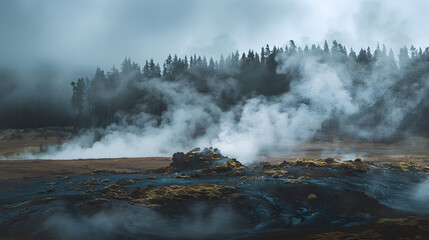 Wall Mural - A forest with smoke rising from a volcano in the background