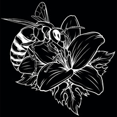 Sticker - bee in white line on black background